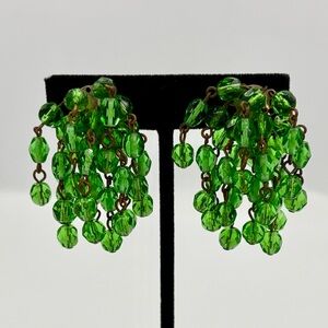 Vintage Green Uranium Glass Faceted Bead Cascade Clip-On Earrings